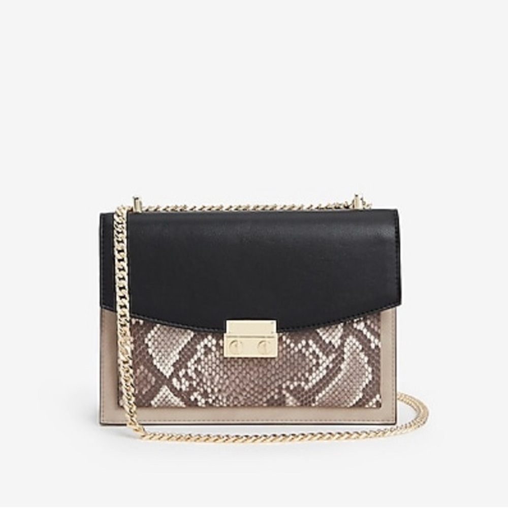 Express Snakeskin Animal Print Taupe Black Flap Gold Chain Handbag